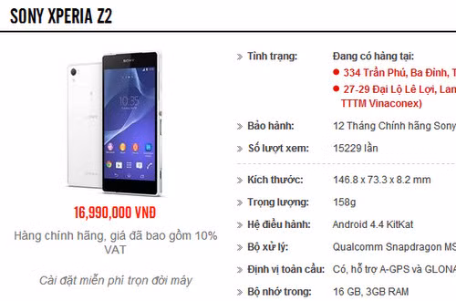 Giá bán dự kiến của Xperia Z2 chính hãng.