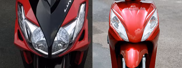 Mặt nạ trước của Yamaha Luvias FI (trái) và Honda Vision FI.