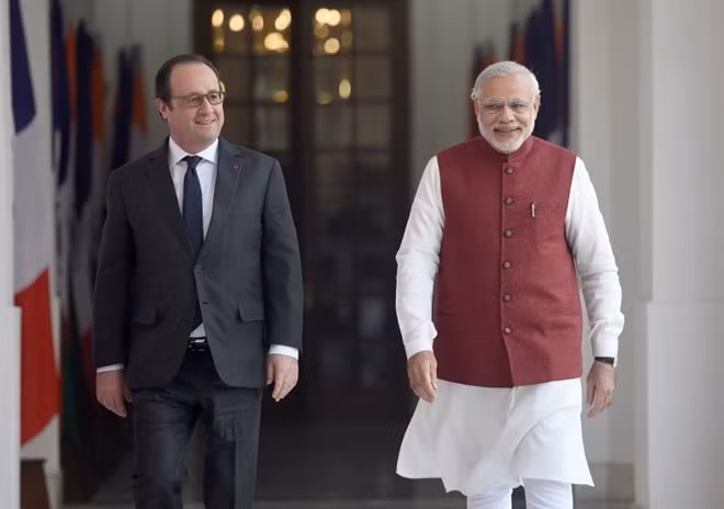 Tổng thống Pháp Francois Hollande và Thủ tướng Ấn Độ Modi tại New Delhi, ngày 25/1. (Nguồn: AFP)