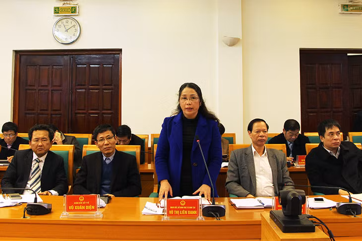 Đồng chí Vũ Thị Liên Oanh, giám đốc sở Giáo dục và đào tạo báo cáo tại cuộc họp.