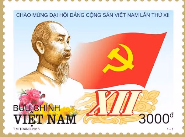 Mẫu tem chào mừng Đại hội Đảng lần thứ XII vừa được phát hành. Ảnh: Kha Thoa