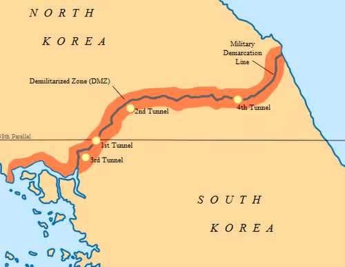 Tuyến DMZ và vị trí 4 đường hầm Triều Tiên bị Hàn Quốc phát hiện. Đồ họa: Wikipedia.