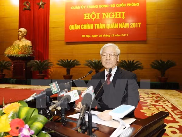 Tổng Bí thư Nguyễn Phú Trọng, Bí thư Quân ủy Trung ương phát biểu chỉ đạo Hội nghị. (Ảnh: Trí Dũng/TTXVN)