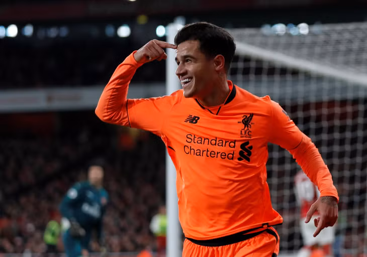  Coutinho ăn mừng bàn mở tỉ số cho Liverpool. Ảnh: REUTERS