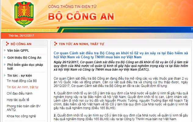 Thông tin về vụ việc trên Cổng thông tin điện tử Bộ Công an.