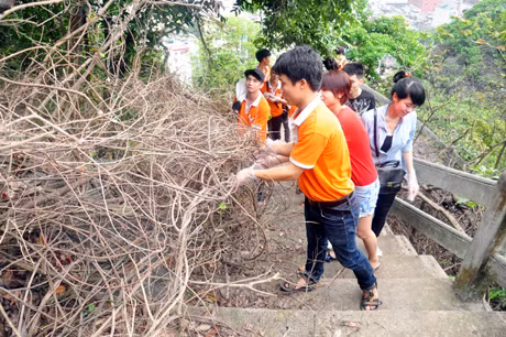 Các bạn trẻ dọn vệ sinh đường lên núi.