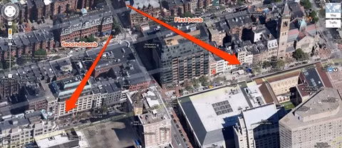 Vị trí hai quả bom đã phát nổ bên đường chạy marathon ở thành phố Boston, bang Massachusettes, Mỹ hôm qua. Đồ họa: BusinessInsider