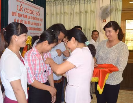 Lãnh đạo LĐLĐ huyện Hoành Bồ gắn huy hiệu đoàn viên cho các đơn vị.