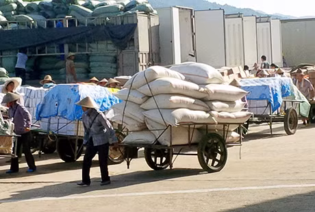 4 tháng đầu năm 2015, có gần 4.400 lượt phương tiện tham gia XNK tại cửa khẩu Bắc Phong Sinh, tăng 65% so với cùng kỳ 2014. (Trong ảnh: Vận chuyển hàng hoá qua cửa khẩu Bắc Phong Sinh)