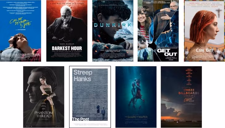 Three Billboards Outside Ebbing, Missouri hay The Shape of Water đang nắm lợi thế ở chặng nước rút. Tuy nhiên, cơ hội dành cho các tác phẩm còn lại chưa chắc đã hết. Ảnh: Outnow.