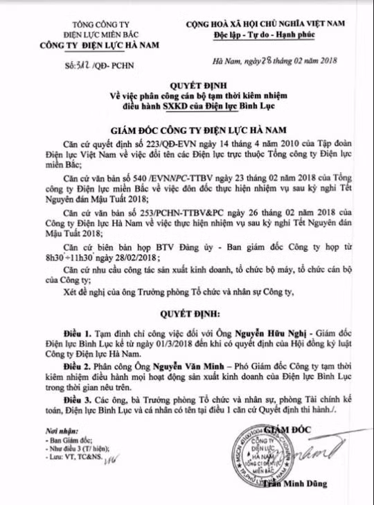Quyết định tạm đình chỉ công tác đối với Giám đốc điện lực Bình Lục - thuộc Công ty điện lực Hà Nam