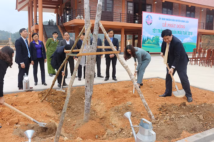 Các đồng chí lãnh đạo huyện Bình Liêu tham gia trồng cây tại lễ phát động.