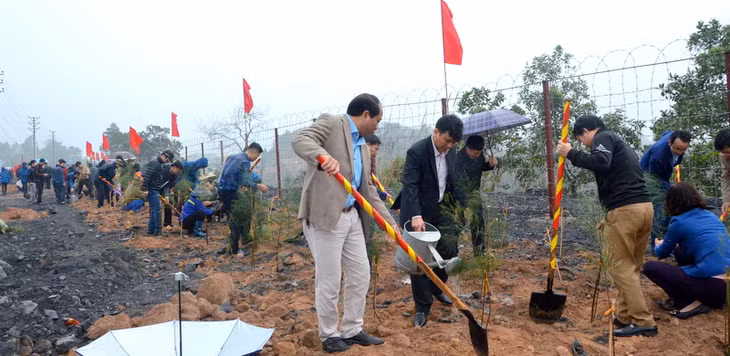 Cán bộ, công nhân viên, đoàn viên thanh niên trong công ty đã nhiệt tình tham gia trồng 4.000 cây phi lao ngay sau lễ phát động 
