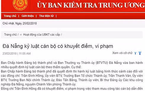 Thông báo từ Ủy ban Kiểm tra Trung ương.