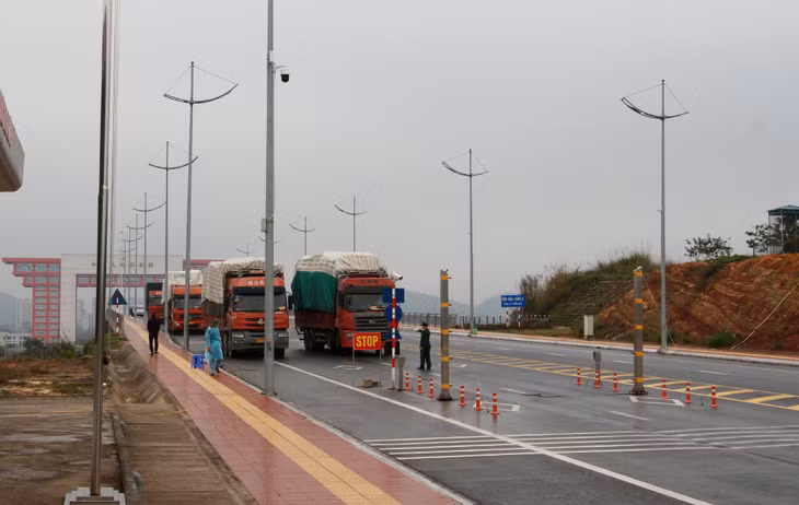 Xe container chở hàng hóa NXK làm thủ tục trước khi thông quan tại cầu Bắc Luân II, ngày 20/2. Ảnh: Mạnh Trường