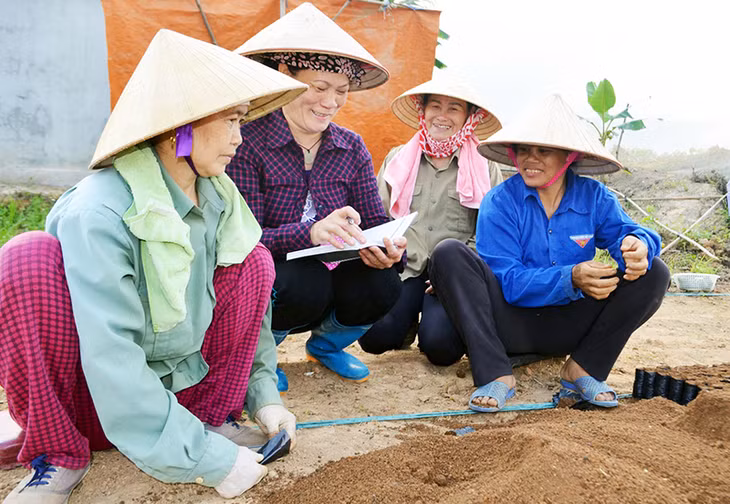 Chị Đinh Thị Hồng Hạnh, Chi hội trưởng Chi Hội Nông dân khu 8, thị trấn Trới (người cầm sổ) tuyên truyền về bầu cử cho các hội viên. (Ảnh chụp ngày 19-5-2016)
