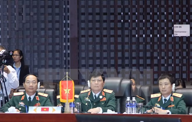 Đoàn đại biểu Quân sự cấp cao Việt Nam dự hội nghị. (Ảnh: Nguyễn Chiến/TTXVN)