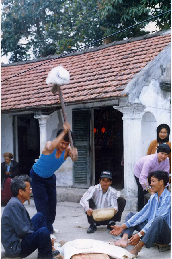 Giã bánh giầy chuẩn bị lễ hội Tiên Công.