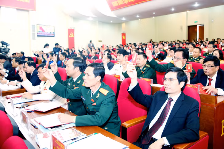 Các đại biểu dự Đại hội Đảng bộ tỉnh lần thứ XIV biểu quyết thông qua các chỉ tiêu trong nhiệm kỳ 2015-2020.
