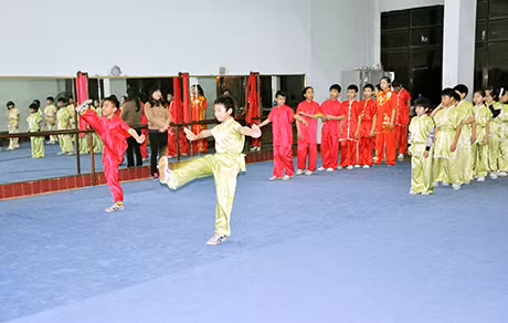 Các em học sinh năng khiếu đội tuyển Wushu Trường TDTT tỉnh Quảng Ninh luyện tập chuẩn bị cho các giải đấu trẻ toàn quốc năm 2015.