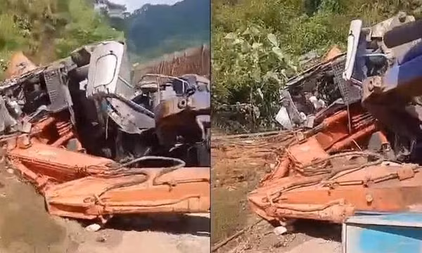 Nghệ An: Lật xe chở máy xúc công trình trên Quốc lộ 16 khiến 5 người thương vong