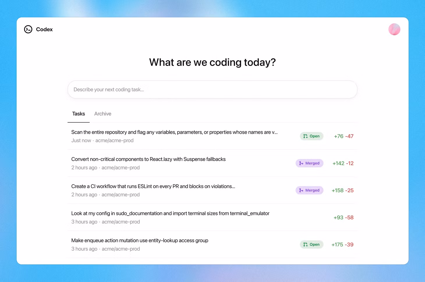 Giao diện Codex khi người dùng sử dụng