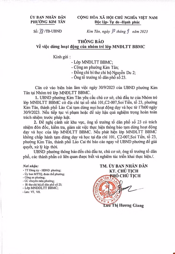 Thông báo dừng hoạt động nhóm trẻ lớp MNĐTLL BBMC.