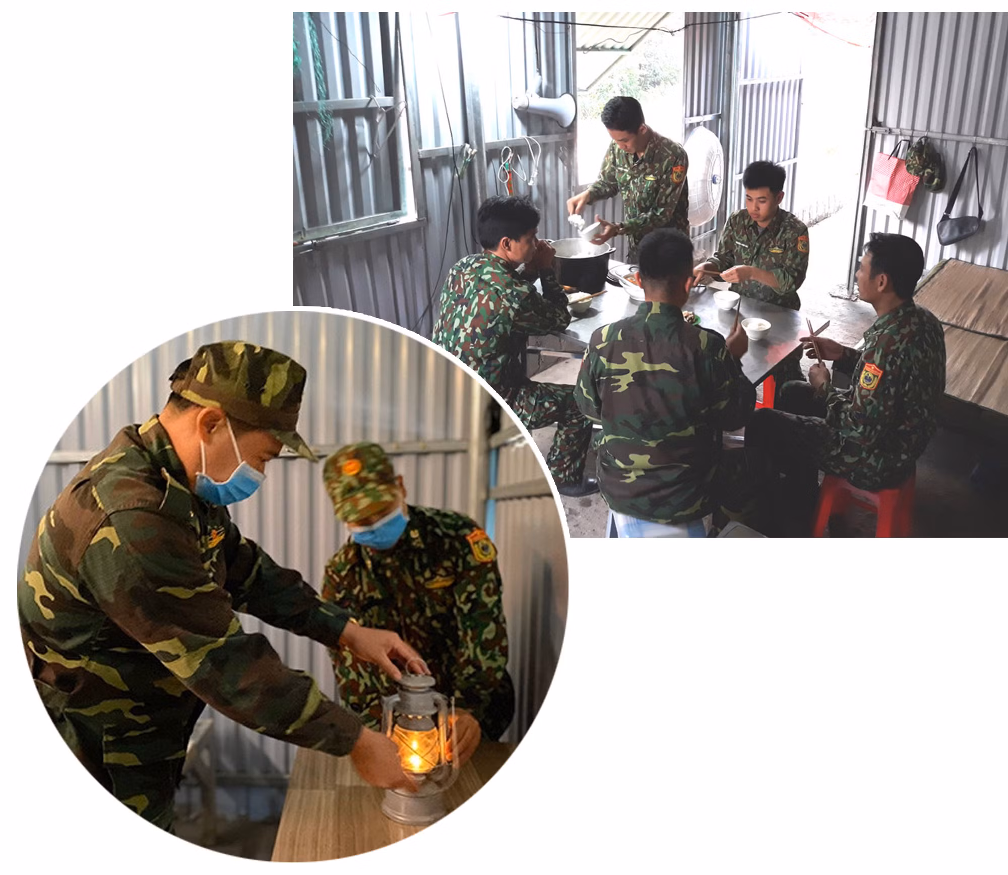 Các chiến sĩ tại chốt Hang Vây (Đồn biên phòng Quảng Đức) phải ăn cơm tối từ khi mặt trời chưa tắt nắng để tránh côn trùng.