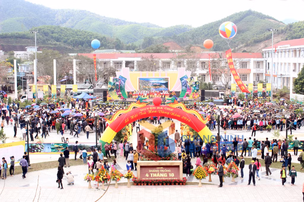 Sáng 17-1-2016, tại Quảng trường 4-10, Trung tâm thị trấn Ba Chẽ Lễ hội trà hoa vàng huyện Ba Chẽ được tổ chức tại Quảng trường 4-10. Ảnh: Thanh Hằng