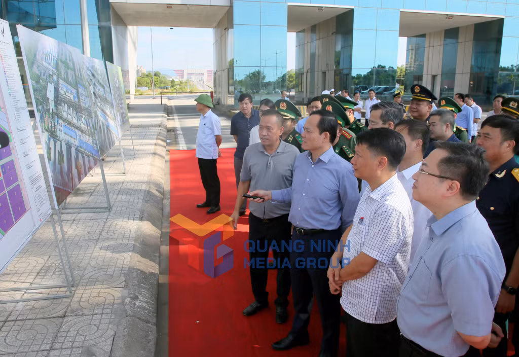 Đồng chí Phó Thủ tưởng cùng đoàn công tác của Chính phủ nghiên cứu sơ đồ và nghe báo cáo nhanh tình hình triển khai thực hiện Quy hoạch chung Khu kinh tế cửa khẩu Móng Cái đến năm 2040 (9-2023). Ảnh: Minh Hà