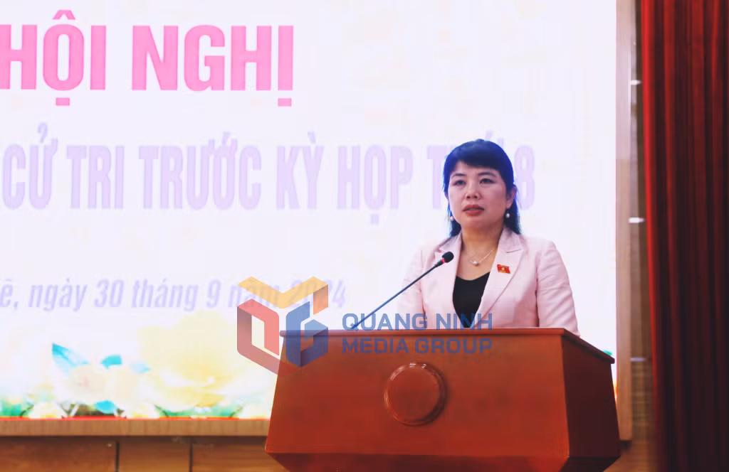 Đồng chí Nguyễn Thị Thu Hà, Phó trưởng Đoàn ĐBQH tỉnh phát biểu tại buổi tiếp xúc (9-2024). Ảnh: Nguyễn Thanh