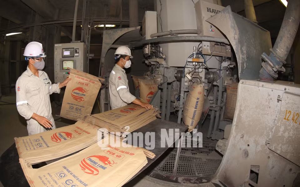 Đóng bao sản phẩm xi măng. Ảnh: Khánh Giang