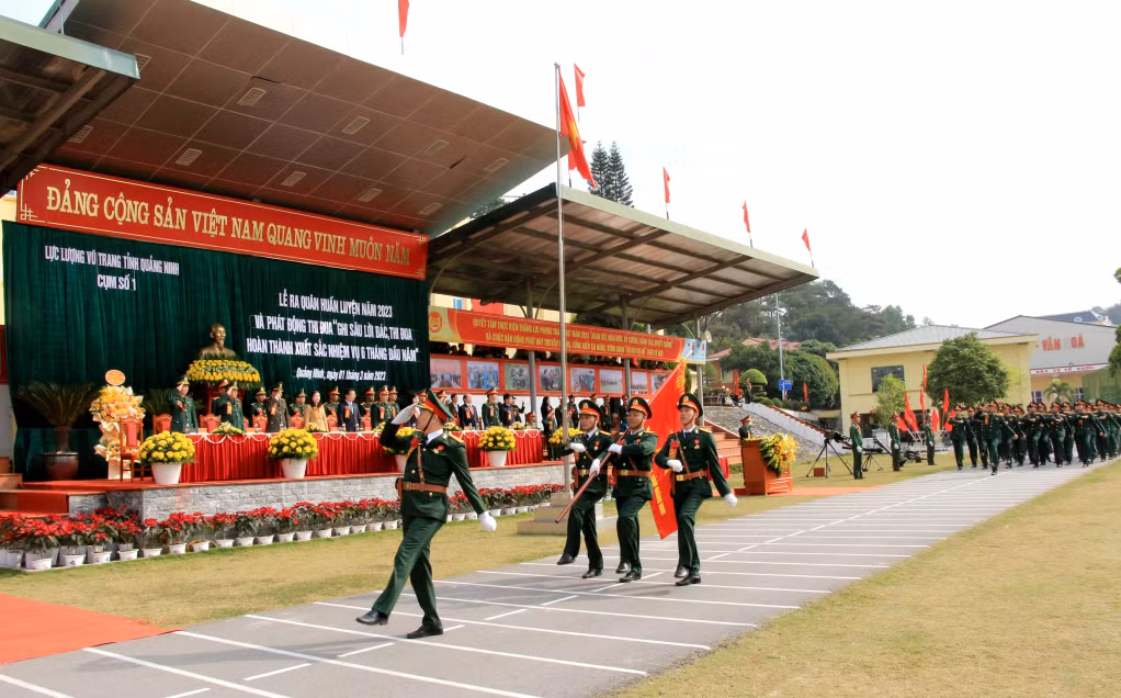 Các lực lượng diễu hành tại Lễ ra quân huấn luyện năm 2023. Ảnh: Trung tâm Truyền thông