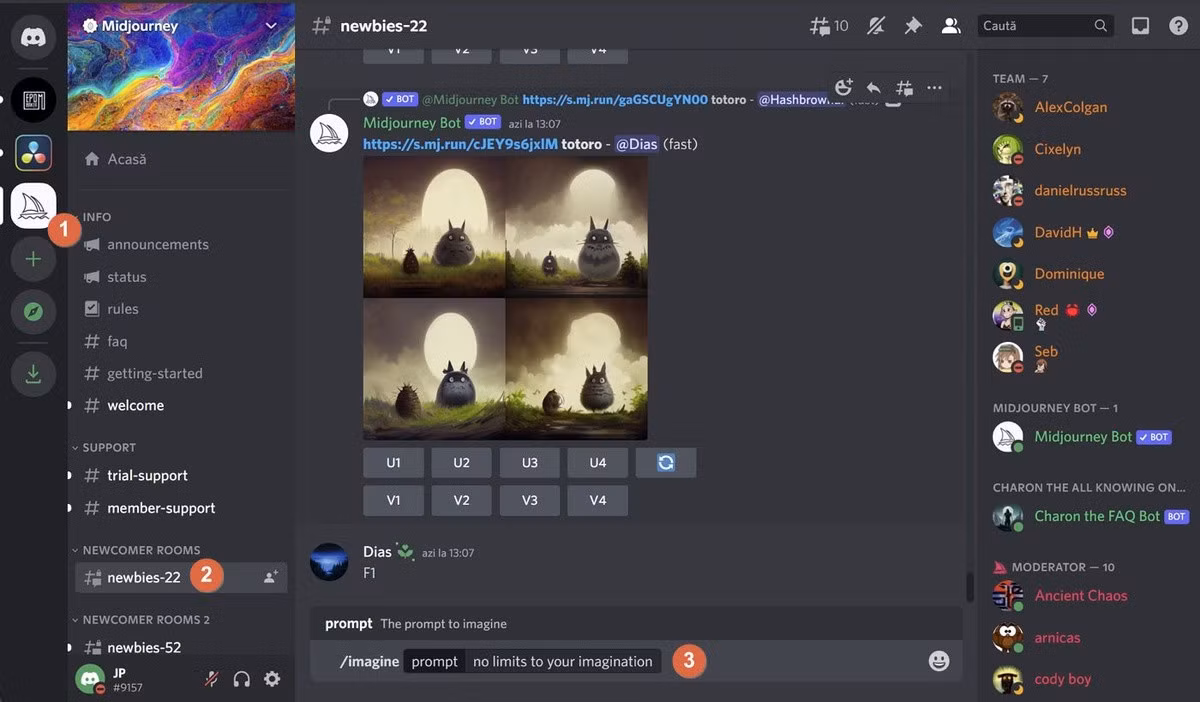 Giao diện cách dùng Midjourney trong Discord.