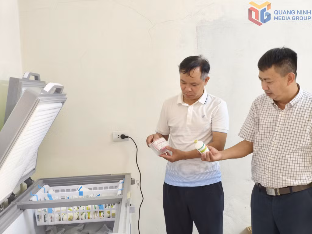 Đoàn kiểm tra Chi cục Chăn nuôi và Thú y kiểm tra bảo quản vắc xin tại kho lưu trữ của phường Liên Hòa.