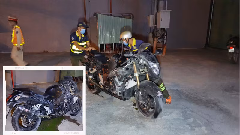 Xe mô tô loại 1300 phân khối hiệu Suzuki Hayabusa mang biển kiểm soát 63A1-013.90 do Nguyễn Trung Tín điều khiển bị vỡ nát phần đầu sau va chạm