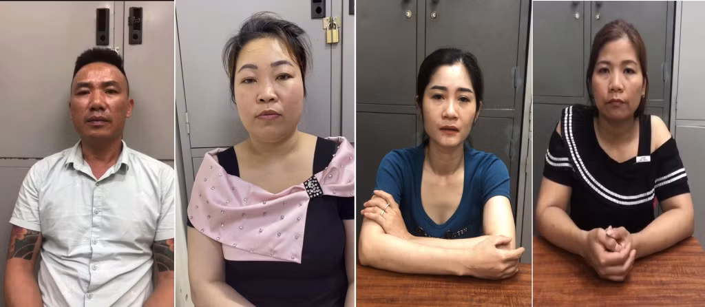 Các đối tượng Đỗ Văn Cường, Ngô Thị Toan, Vũ Thị Huyền và Nguyễn Thị Tính (từ trái sang phải).