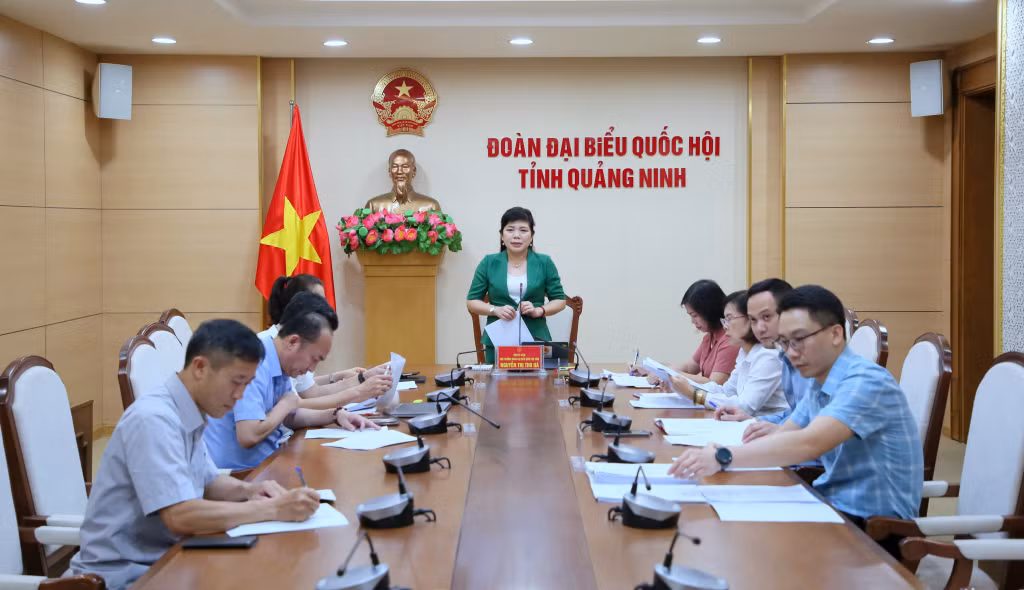 Đồng chí Nguyễn Thị Thu Hà, Phó Trưởng Đoàn ĐBQH tỉnh, Trưởng Đoàn giám sát chuyên đề “Việc thực hiện chính sách, pháp luật về hoạt động tham gia xét xử của Hội thẩm nhân dân cấp tỉnh, huyện trên địa bàn tỉnh Quảng Ninh” chủ trì và phát biểu tại cuộc họp.