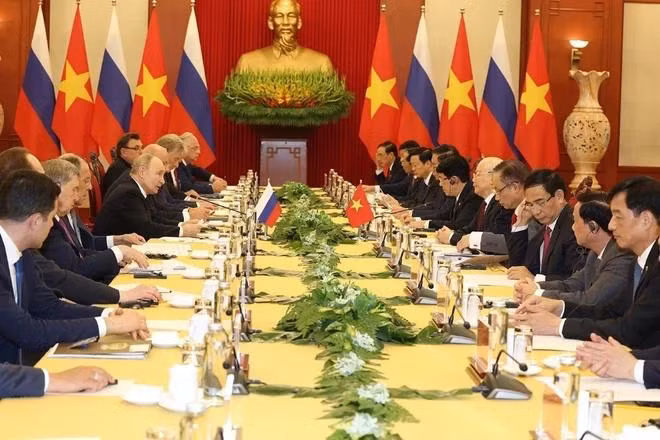 Tổng Bí thư Nguyễn Phú Trọng và Tổng thống Liên bang Nga Vladimir Putin hội đàm tại Trụ sở Trung ương Đảng, chiều 20/6/2024. (Ảnh: Trí Dũng/TTXVN)