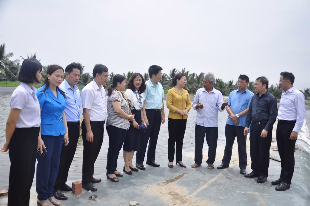 Lãnh đạo Trung ương Hội Nông dân Việt Nam và Hội Nông dân tỉnh tham quan mô hình CLB Nuôi trồng thủy sản phường Nam Hòa (TX Quảng Yên). Ảnh tư liệu.