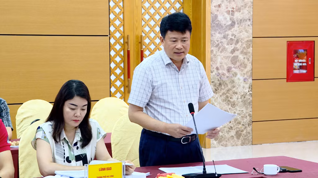 Đồng chí Nguyễn Ngọc Sơn, Phó Chủ tịch UBND thành phố Hạ Long thông tin tại hội nghị.