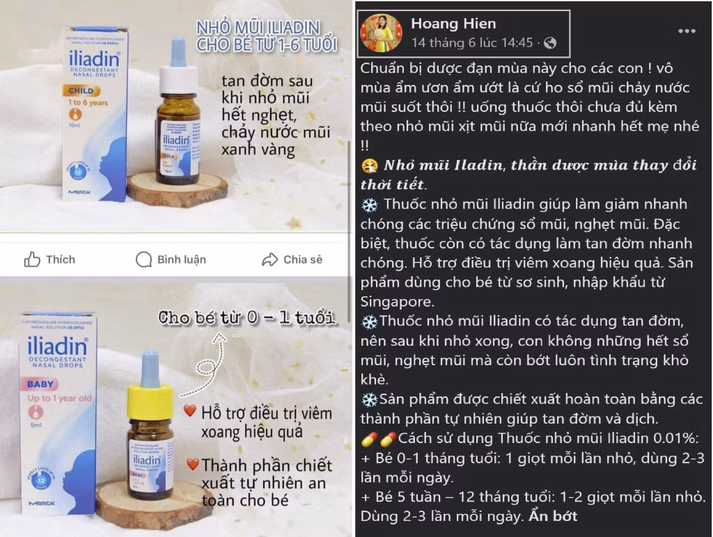 Thuốc nhỏ mũi có chứa Oxymetazoline được bán trên một tài khoản bán hàng online trên Facebook.
