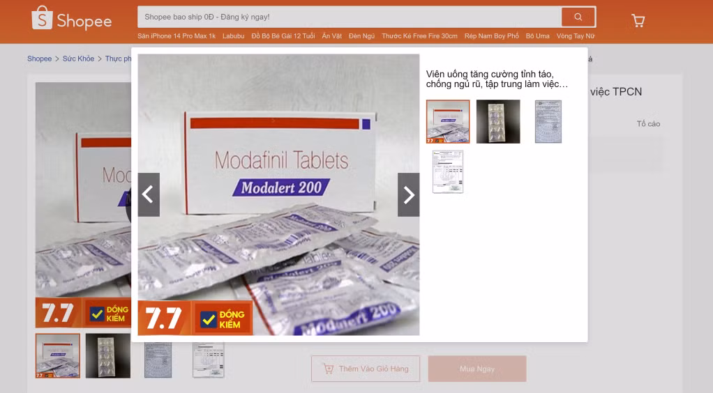 Thuốc Modafinil 200mg (một loại thuốc chỉ được bán theo đơn của bác sĩ) đang được rao bán trên một sàn thương mại điện tử với quảng cáo giúp tăng cường tỉnh táo.