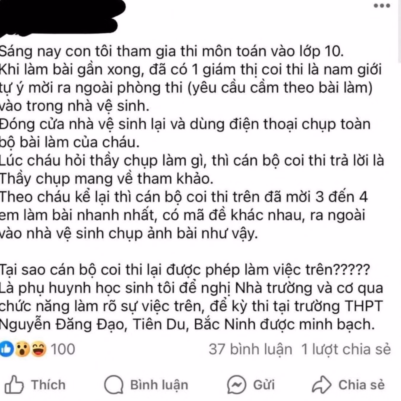 Thông tin trên mạng xã hội về sự việc tại Trường THPT Nguyễn Đăng Đạo. Nguồn ảnh: Facebook