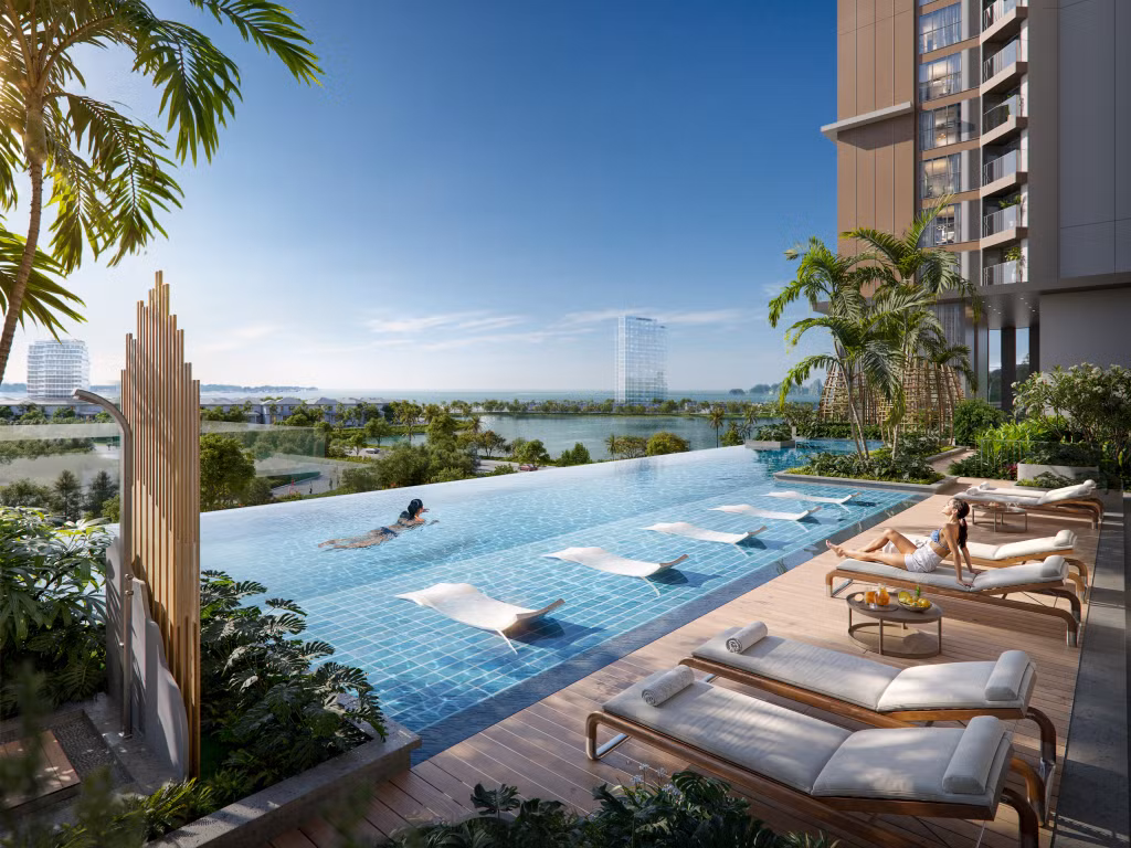 SkyM sở hữu 3 tầng cảnh quan mặt nước gồm: Bể bơi vô cực, hồ cảnh quan và vịnh di sản Hạ Long. Ảnh: BIM Land