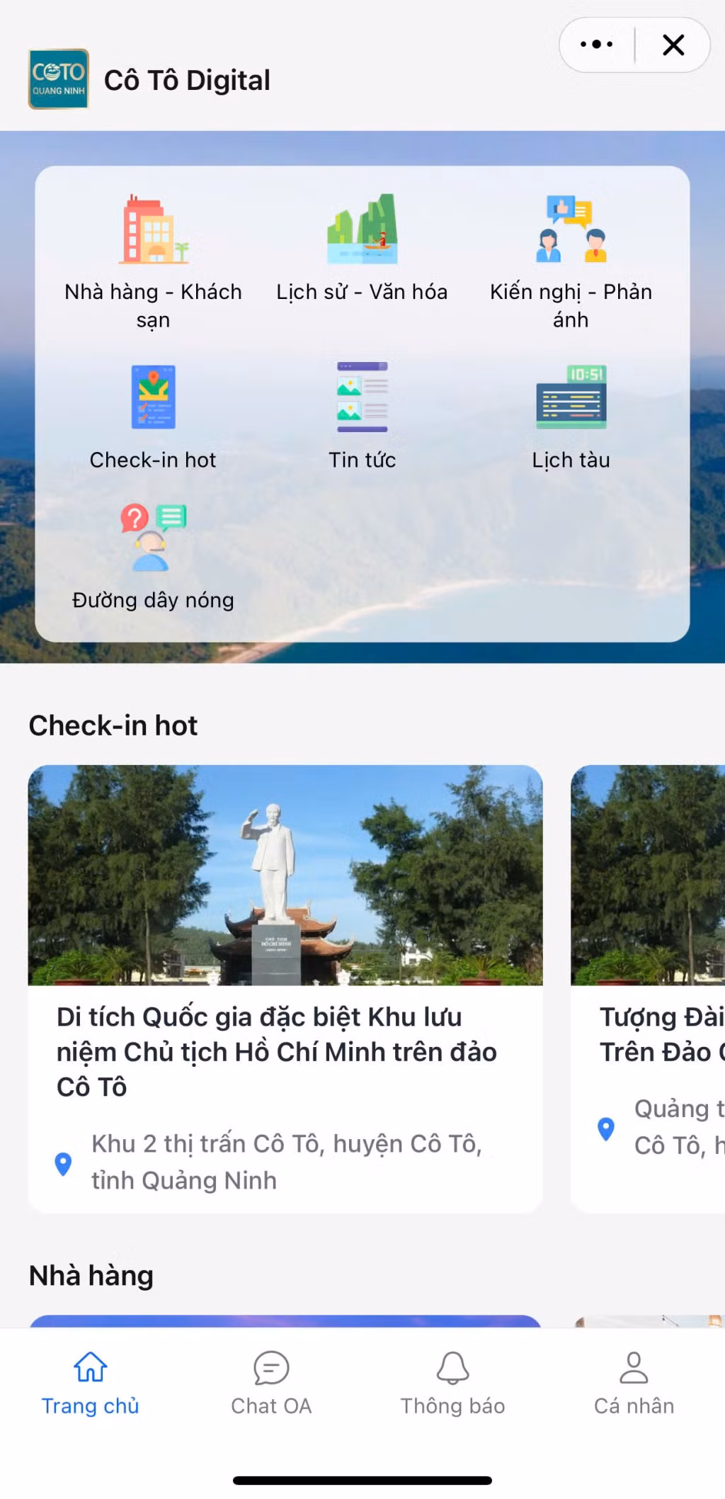 Giao diện đơn giản, dễ dàng tương tác của ứng dụng “Cô Tô Digital” trên Zalo. 