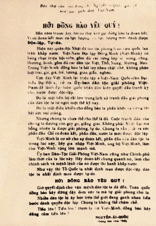 Lời kêu gọi tổng khởi nghĩa năm 1945 của Chủ tịch Hồ Chí Minh. Ảnh tư liệu