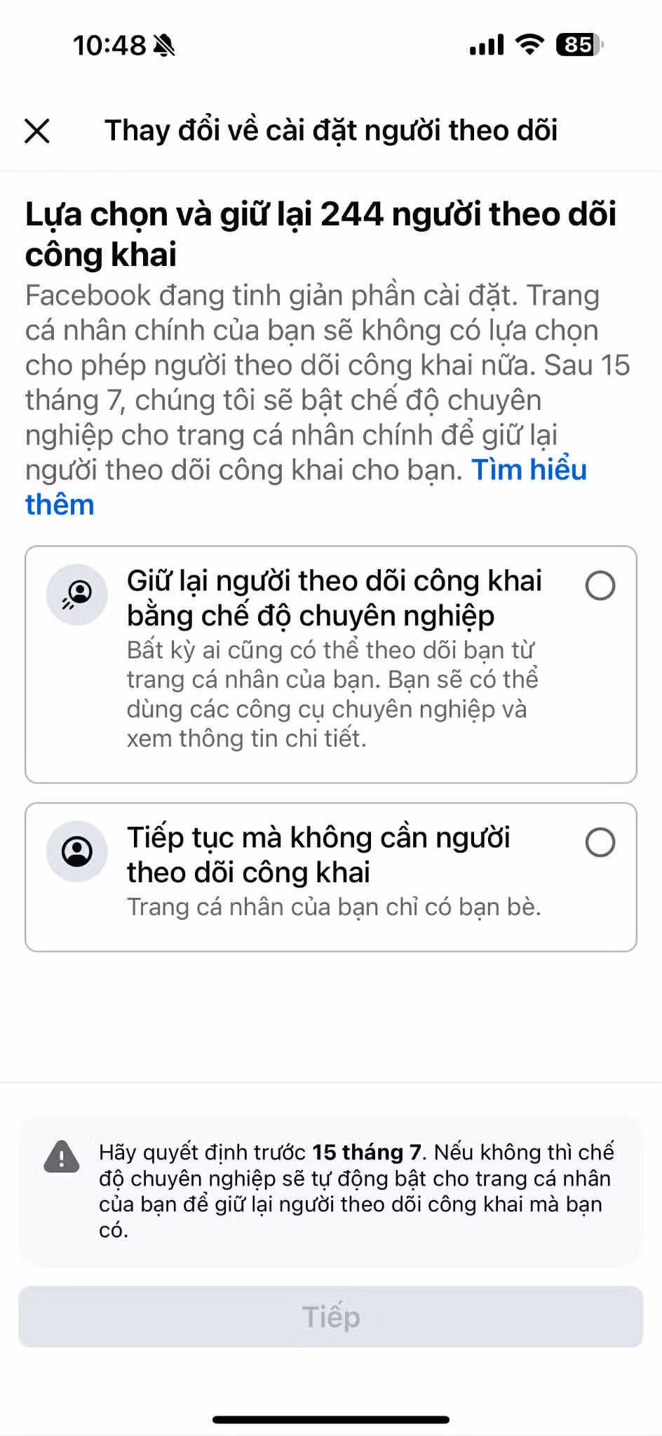 Facebook gửi thông báo thay đổi cài đặt người theo dõi công khai. Ảnh chụp màn hình.
