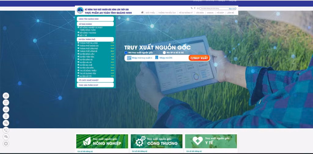 Giao diện website Hệ thống cơ sở dữ liệu truy xuất nguồn gốc thực phẩm nông, lâm, thủy sản http://qn.check.net.vn.