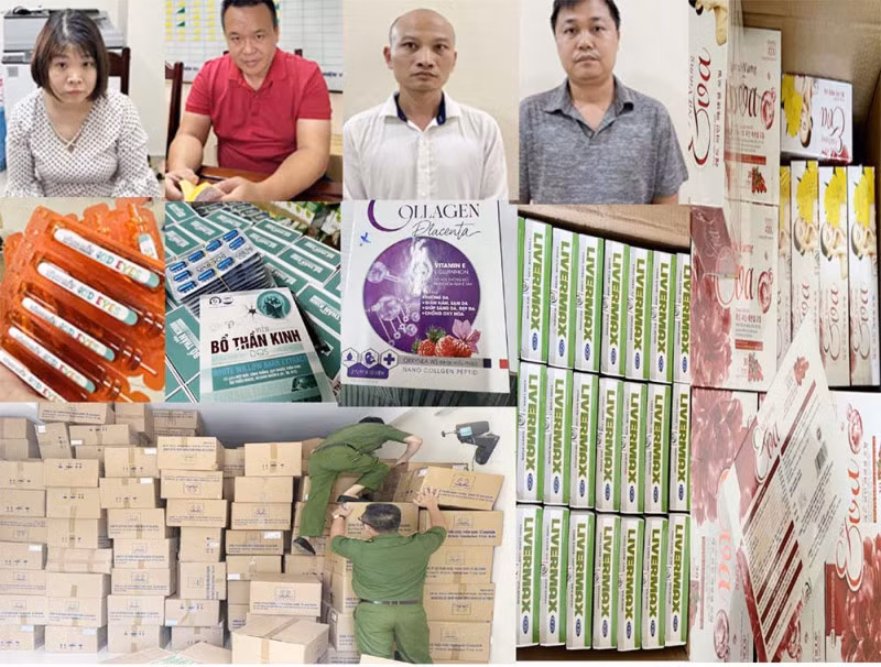 Các đối tượng (từ trái qua phải): Hoàng Thị Nga, Lê Quý Đôn, Vũ Huy Hải, Lương Trọng Phúc và các tang vật bị thu giữ.
